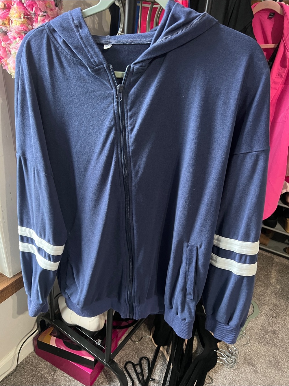 Navy Zip-Up Hoodie with White Sleeve Stripes